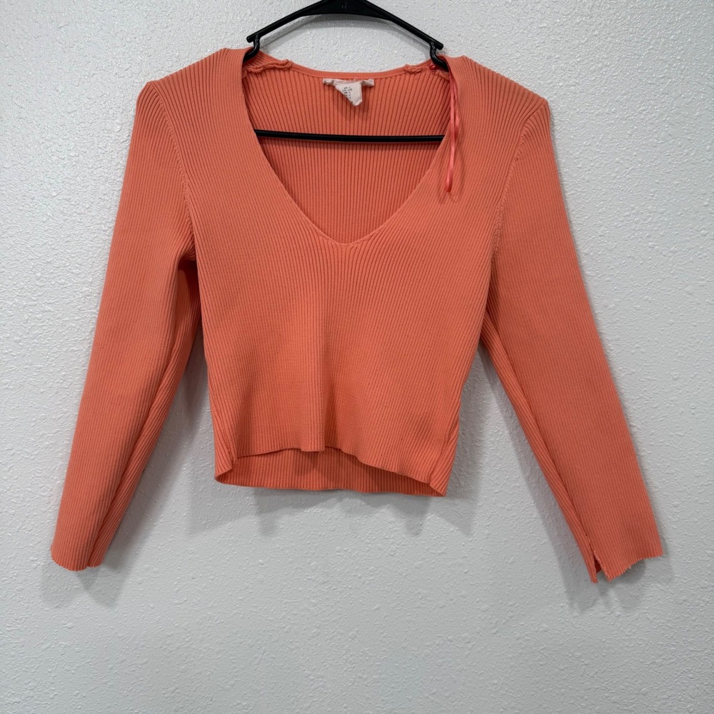 Happily Grey Coral Ribbed V Neck Cropped Long Sleeve‎ Sweater Top L